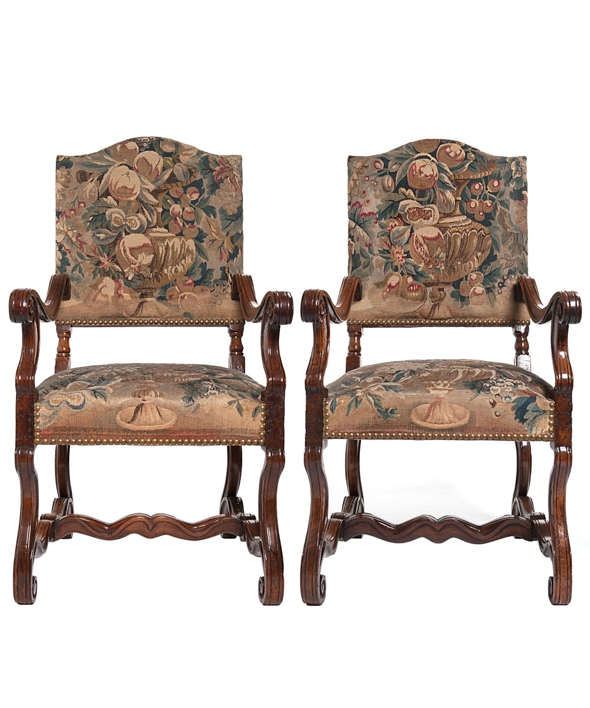 A Good Pair of Gobelin Upholstered Walnut Louis XIV Arm Chairs - image 1