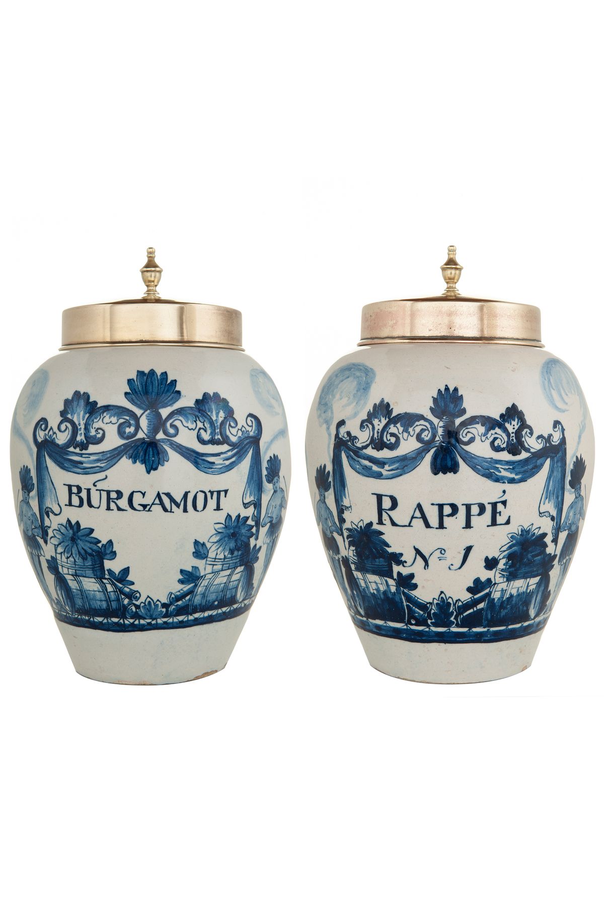 Een Paar Delfts Aardewerk Tabakspotten met Koperen Deksels - 'Burgamot' en 'Rappé' - afbeelding 1