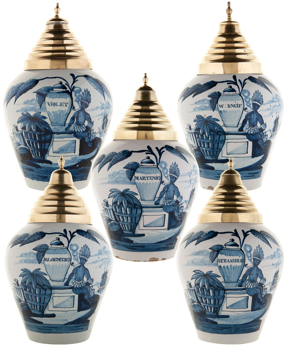 A Set of Five Blue and White Dutch Delft 'VOC' Tobacco Jars - afbeelding 1