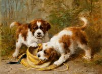 Two Saint-Bernard puppies playing with a hat - Otto Eerelman - image 1