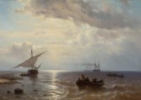LOUIS JOHAN HENDRIK MEIJER (1809-1866) – SHIPS OFF THE COAST WITH FLAT BOTTOM WITH LOWERED SAILS ON THE LEFT (1858) - afbeelding 1