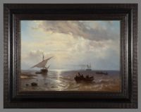 LOUIS JOHAN HENDRIK MEIJER (1809-1866) – SHIPS OFF THE COAST WITH FLAT BOTTOM WITH LOWERED SAILS ON THE LEFT (1858) - afbeelding 2