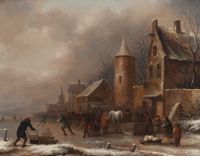 Peasants skating on a frozen river - image 1
