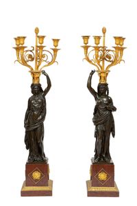Een groot paar Franse Louis XVI bronzen kandelaars, François Remond, circa 1800 - afbeelding 1