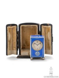 Een miniatuur Zwitsers Art Deco zilver en emaille reisklokje, circa 1925 - afbeelding 1