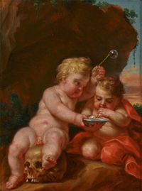 Josef Ferdinand Fromiller (1693-1760), Vanitas met twee bellenblazende putti, toegeschreven aan - afbeelding 1