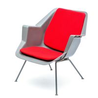 Wim Rietveld (1924-1985) and André Cordemeyer (1924-1998) An early no. '416' chair, 1957, Netherlands  The shell constructed out of glass fibre reinforced polyester, with velcro secured red back and seat pad, on a lacquered bar steel frame.  73x69x72 cm  Provenance: the chair is photographed together with its first owner in 1958. Photograph supplied by the current owner, a relative of the sitter. - image 1