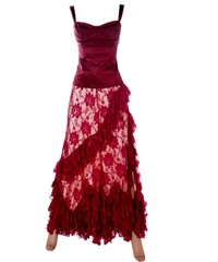 John Galliano Burgundy Ruffle Lace Maxi Skirt with Bustier