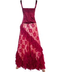 John Galliano Burgundy Ruffle Lace Maxi Skirt with Bustier