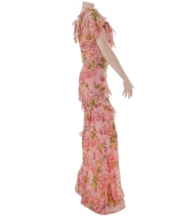 John Galliano Floral Print Ruffle Maxi Dress