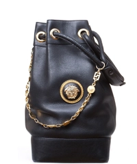 Gianni Versace Couture Black Leather Medusa Drawstring Bag