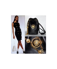 Gianni Versace Couture Black Leather Medusa Drawstring Bag