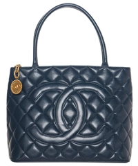 Vintage Chanel Navy Blue Caviar Quilted Medallion Tote