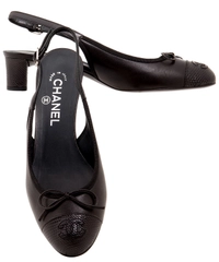 Chanel Black Leather Leather Cap-Toe Bow Slingbacks 