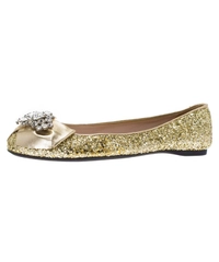 Miu Miu Silver Glitter Crystal Embellished Bow Ballet Flats