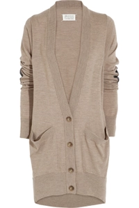 Maison Margiela Leather-detailed Taupe Wool Cardigan