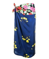 SS 2008 Dries Van Noten Blue Printed Satin-Twill Wrap Midi Skirt