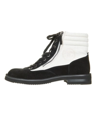 Chanel 15c Suede Canvas Cruise Cc Lace Up Short Combat Boots