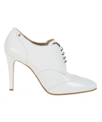 Chanel A2017 Runway White Patent Leather CC Lace Up Derby Booties