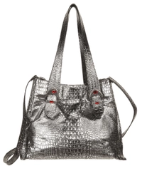 Couture Donald J. Pliner Silver Embossed Leather Calf Tote Shoulder Bag