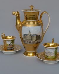 Empire coffee pot and two cups and saucers with views of Amsterdam, Haarlem and Rotterdam - image 1