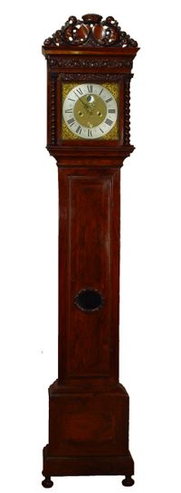 Een vroege Hollandse notenhouten staande klok met snijwerk, door Huijgens, omstreeks 1690 - afbeelding 1