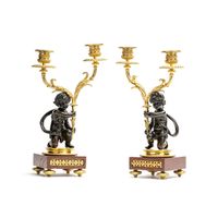 Napoleon III period candlesticks on a red marble decorated base featuring young kids carrying the candles - image 1