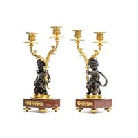 Napoleon III period candlesticks on a red marble decorated base featuring young kids carrying the candles - image 3