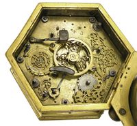 T14 Gilt brass and silver mounted hexagonal table clock with moon phase and alarm. - image 4