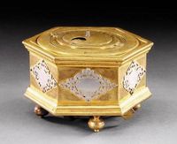T14 Gilt brass and silver mounted hexagonal table clock with moon phase and alarm. - image 6
