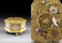 T14 Gilt brass and silver mounted hexagonal table clock with moon phase and alarm. - image 7