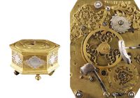 T14 Gilt brass and silver mounted hexagonal table clock with moon phase and alarm. - image 1