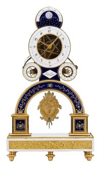 S20 Franse Directoire vuurvergulde en email skeletpendule met meerdere complicaties - afbeelding 1