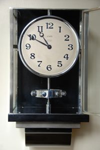 W45 Large Nickel Plated Art Deco J. L. Reutter Wall Hanging Three-Glass Atmos Clock. - image 5