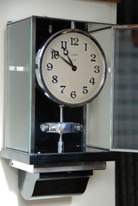 W45 Large Nickel Plated Art Deco J. L. Reutter Wall Hanging Three-Glass Atmos Clock. - image 6