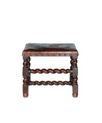 Fine Pair 17th Century Twist Baroque Walnut Stools with Leather Upholstering - image 3