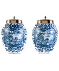 Set of Two Blue and White Tobacco Jars and Brass Covers with Inscription 'Het Wiltschut' - image 1