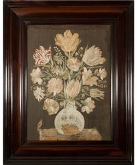 Een Paar Geborduurde Stillevens van een Boeket Tulpen - afbeelding 3
