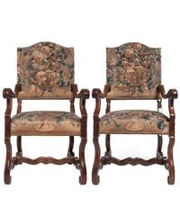 A Good Pair of Gobelin Upholstered Walnut Louis XIV Arm Chairs - image 1