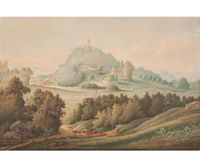 Paar Gouaches op Papier - Zicht van Frankenstein Kasteel - Landschap in Königstein - afbeelding 2