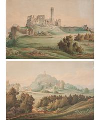 Paar Gouaches op Papier - Zicht van Frankenstein Kasteel - Landschap in Königstein - afbeelding 1