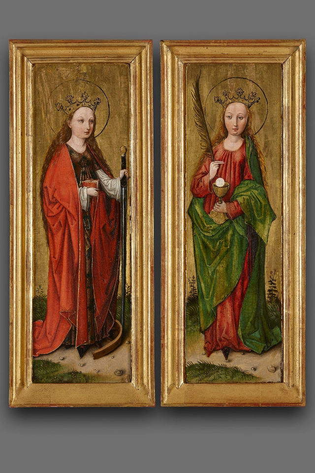 Paar Duitse paneeltjes van de Heilige Catharina en Barbara