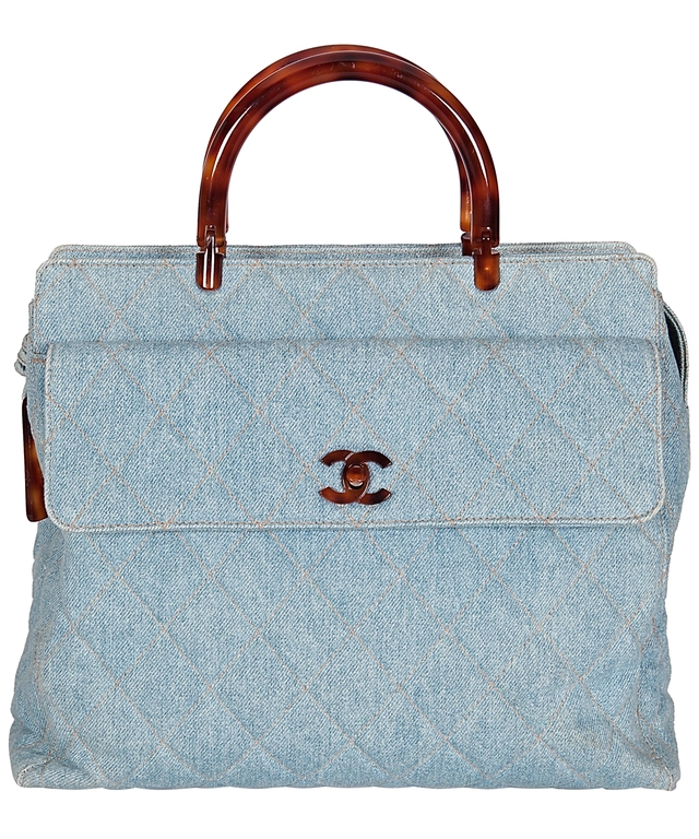 Chanel Blue Denim Quilted Tortoise Handle Handbag