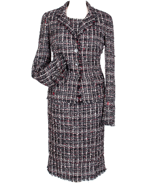 Chanel Red Black White Tweed Skirt Suit