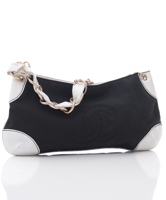 Chanel Black Canvas & White Leather Shoulder Bag