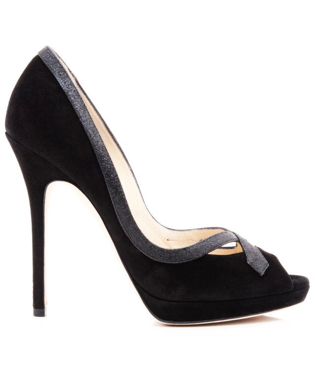 Jimmy Choo Peep Toe Pumps in Black Suede 'Quick' Glitter Trimmed