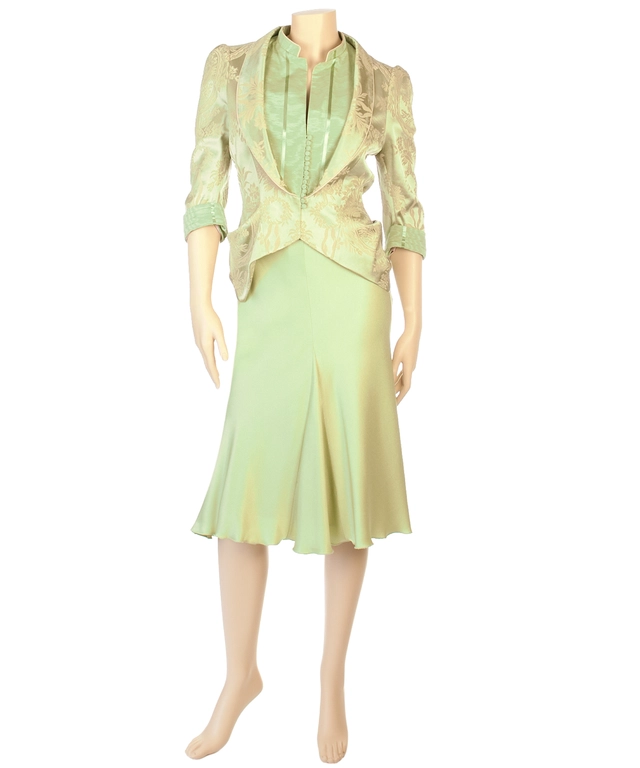 John Galliano Green Brocade Skirt Suit