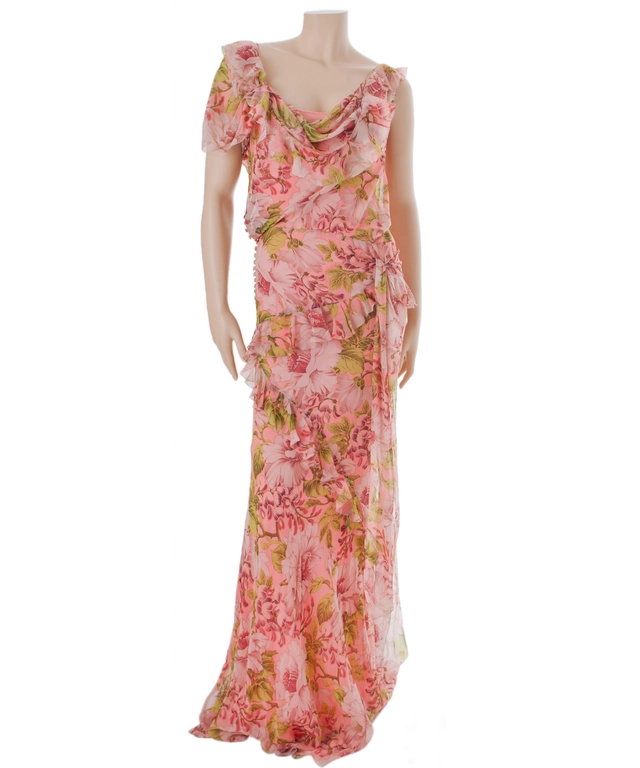 John Galliano Floral Print Ruffle Maxi Dress