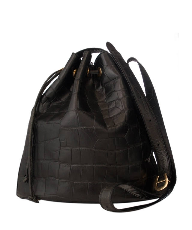Etienne Aigner Black Leather Croc-Embossed Bucket Bag