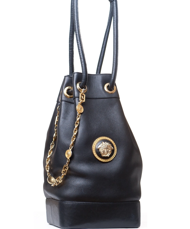 Gianni Versace Couture Black Leather Medusa Drawstring Bag